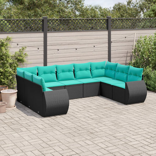 Set Divani da Giardino 9 pz con Cuscini Nero in Polyrattan | homemem39