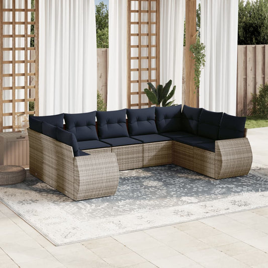 Set Divani da Giardino 9 pz con Cuscini Grigio in Polyrattan | homemem39