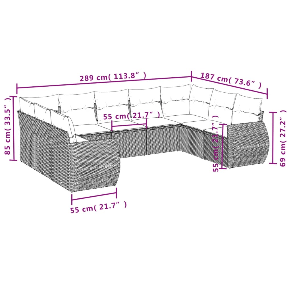 Set Divano da Giardino 9pz con Cuscini Grigio Chiaro Polyrattan - homemem39