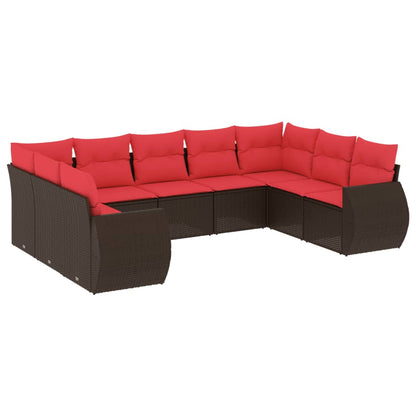 Set Divani da Giardino 9 pz con Cuscini Marrone in Polyrattan