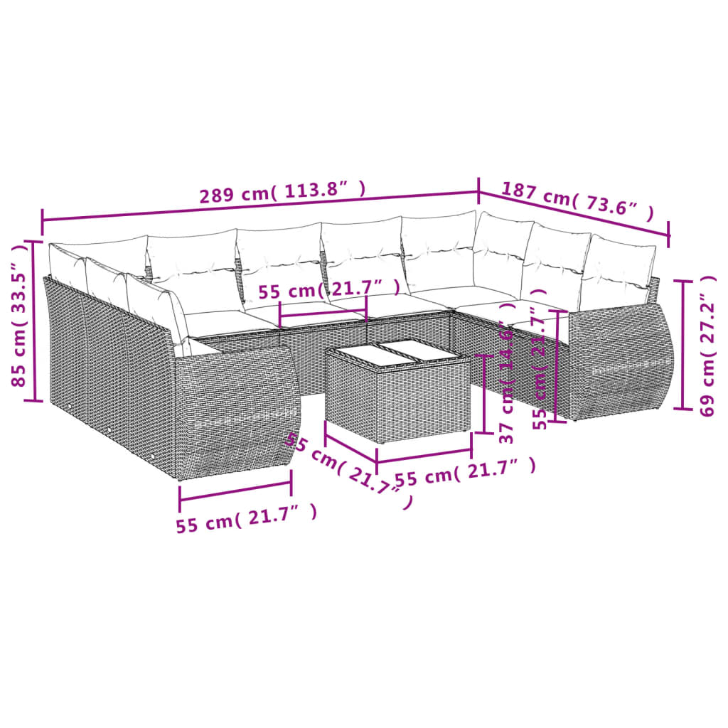 Set Divani da Giardino 10pz con Cuscini in Polyrattan Nero - homemem39