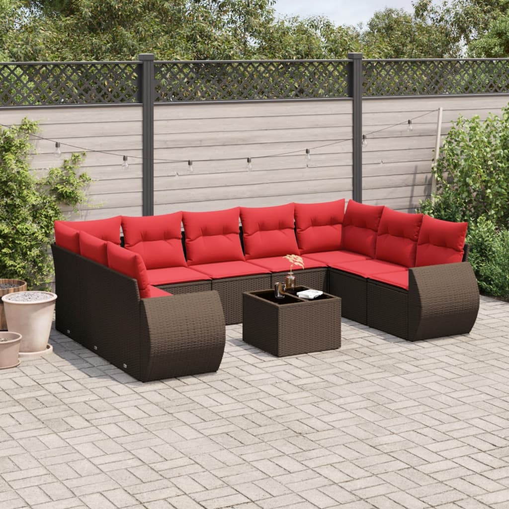 Set Divani da Giardino 10 pz con Cuscini Marrone in Polyrattan | homemem39