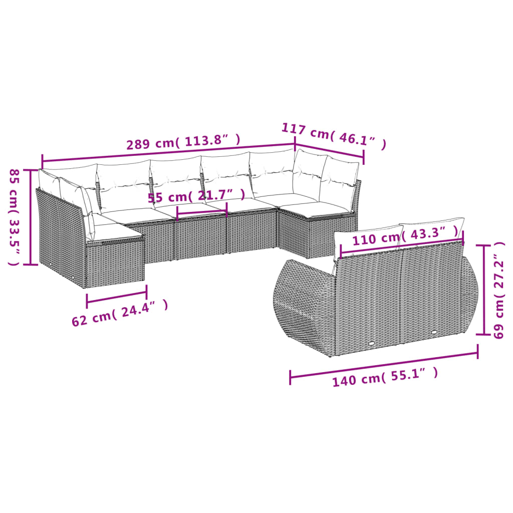 Set Divani da Giardino 9 pz con Cuscini Grigio in Polyrattan | homemem39