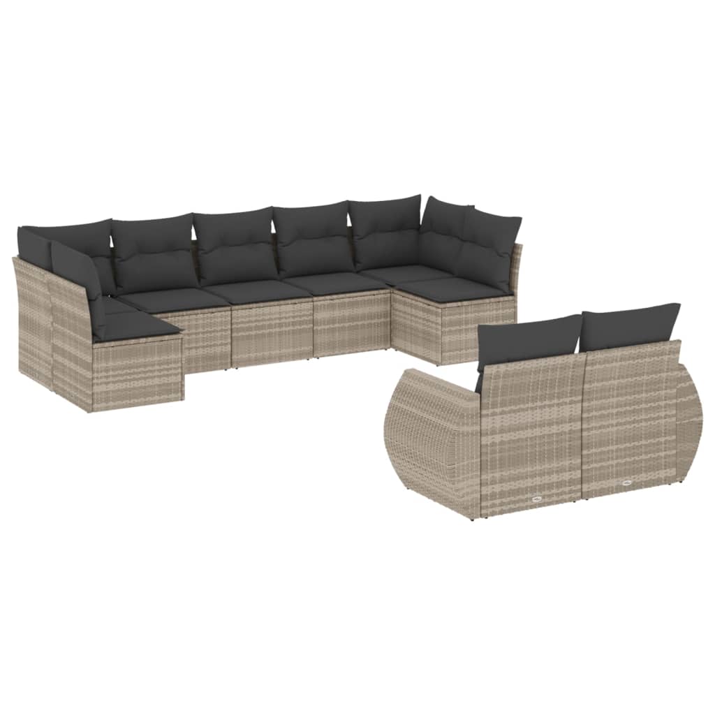 Set Divano da Giardino 9pz con Cuscini Grigio Chiaro Polyrattan - homemem39