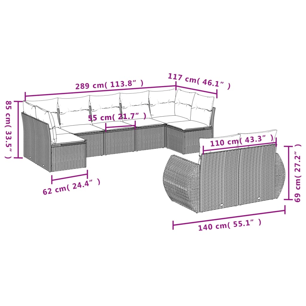 Set Divani da Giardino 9pz con Cuscini Marrone in Polyrattan