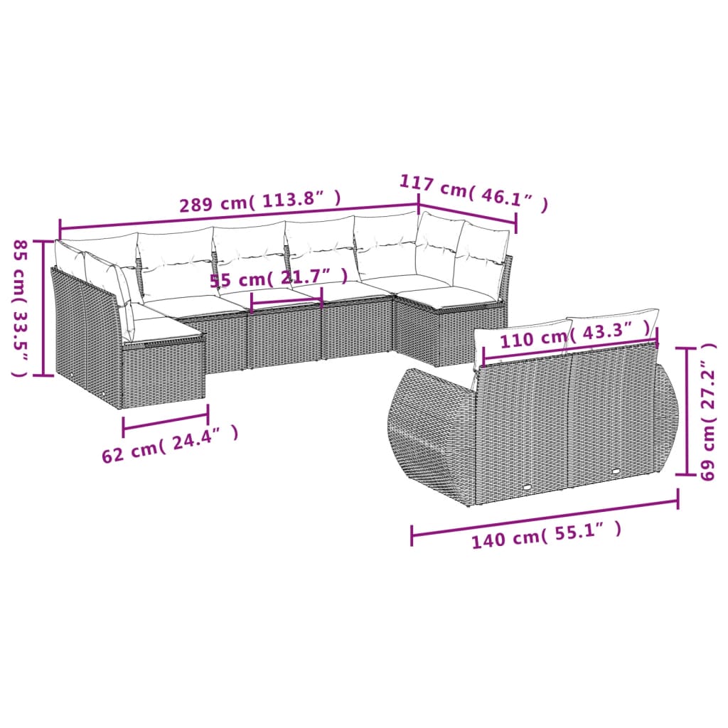 Set Divani da Giardino 9 pz con Cuscini Marrone in Polyrattan | homemem39
