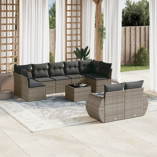 Set Divano da Giardino 10 pz con Cuscini Grigio in Polyrattan - homemem39