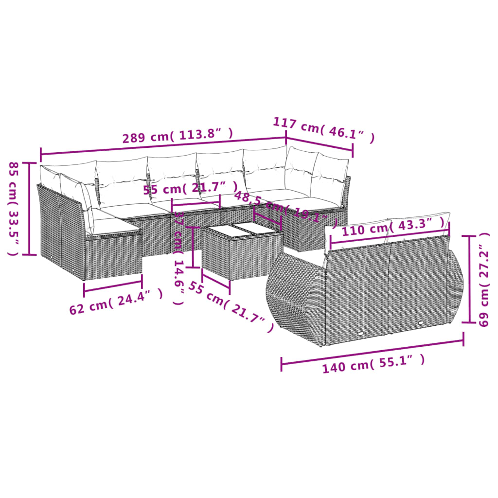 Set Divani da Giardino 10 pz con Cuscini Grigio in Polyrattan | homemem39