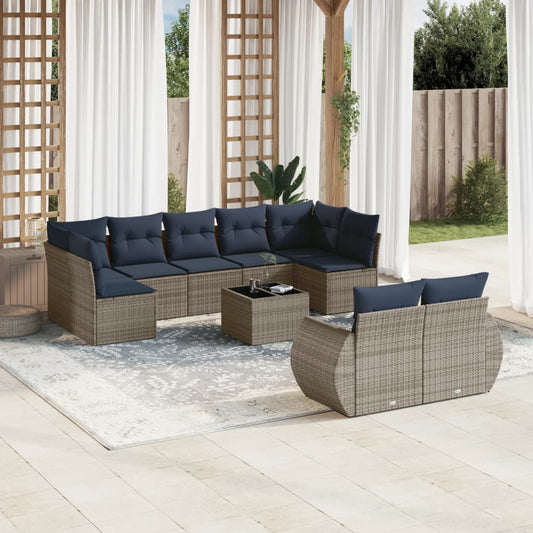 Set Divani da Giardino 10 pz con Cuscini Grigio in Polyrattan | homemem39