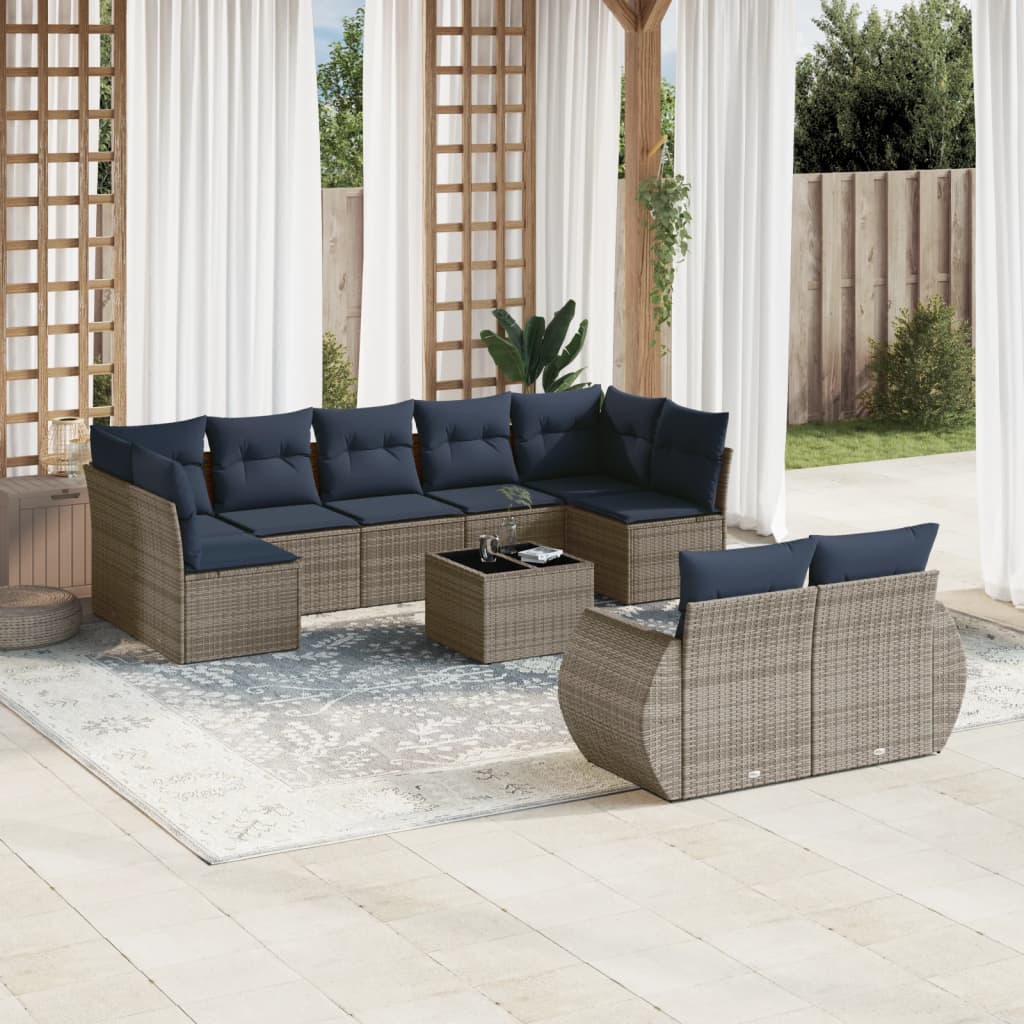 Set Divani da Giardino 10 pz con Cuscini Grigio in Polyrattan