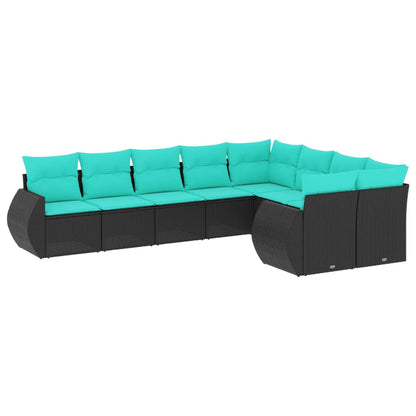 Set Divani da Giardino 9 pz con Cuscini Nero in Polyrattan