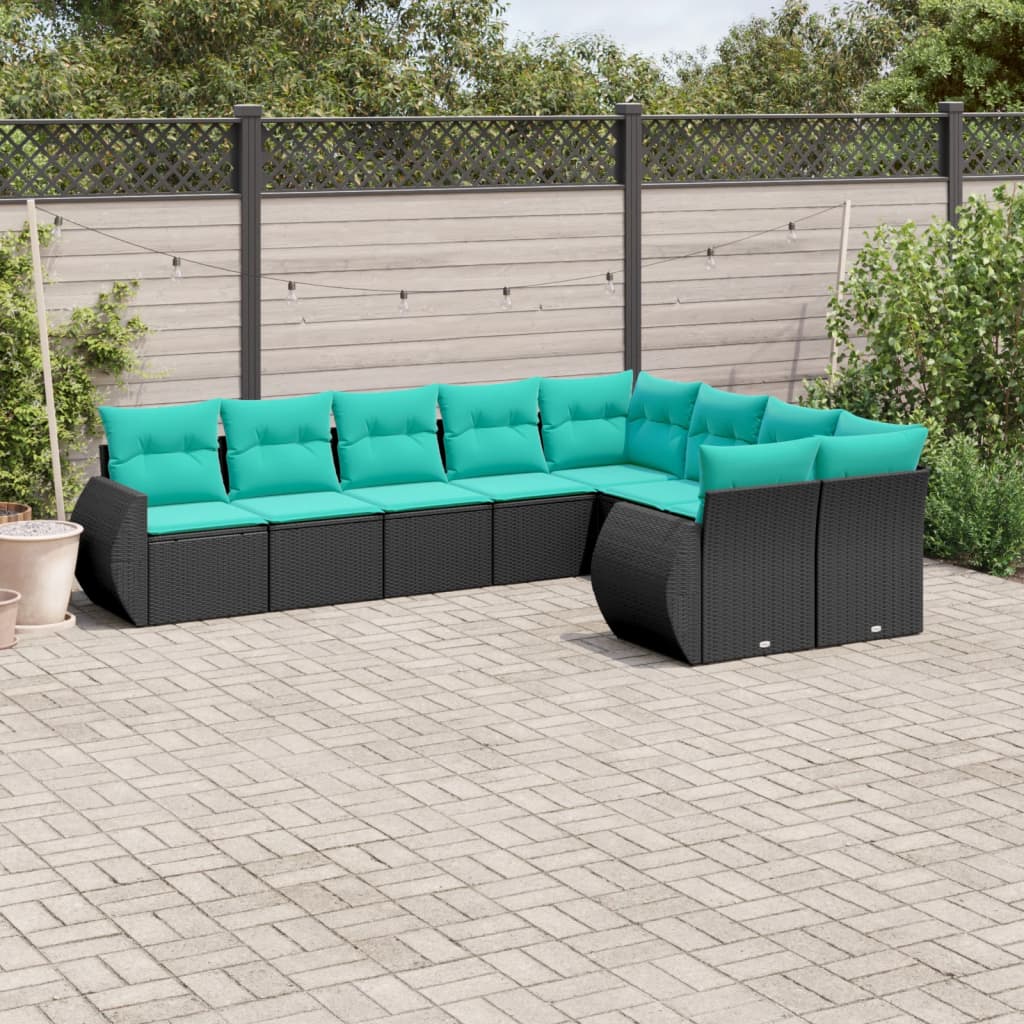 Set Divani da Giardino 9 pz con Cuscini Nero in Polyrattan