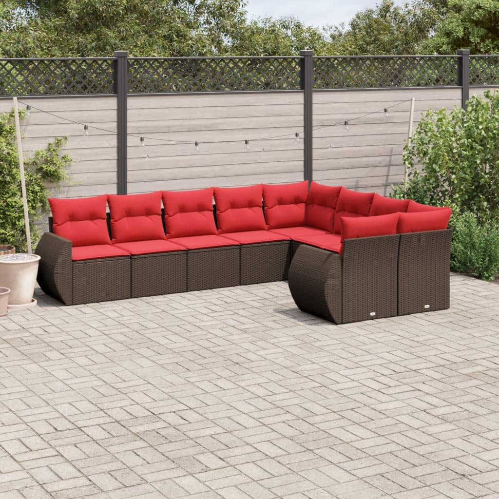 Set Divani da Giardino 9 pz con Cuscini Marrone in Polyrattan