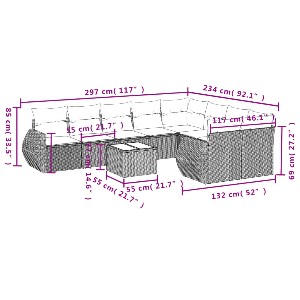 Set Divani da Giardino 10pz con Cuscini in Polyrattan Nero - homemem39