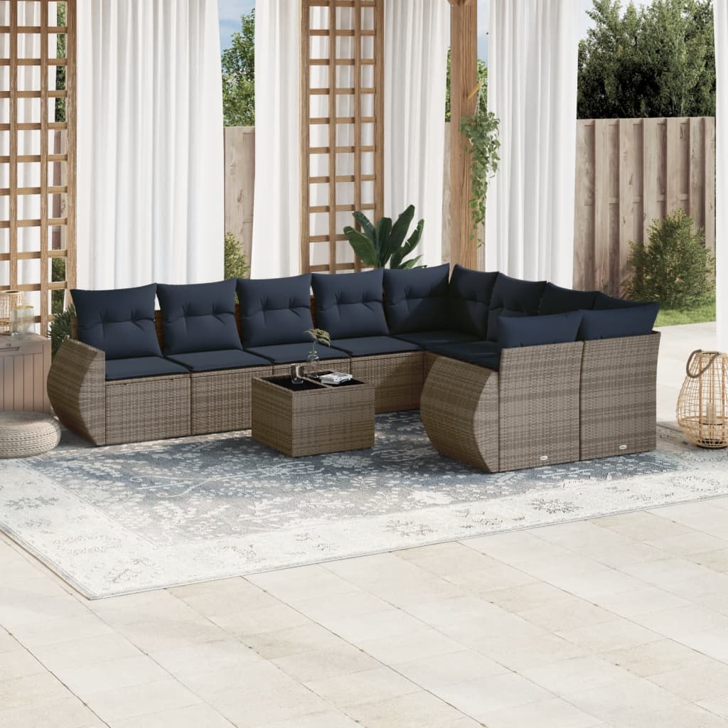Set Divani da Giardino 10 pz con Cuscini Grigio in Polyrattan | homemem39