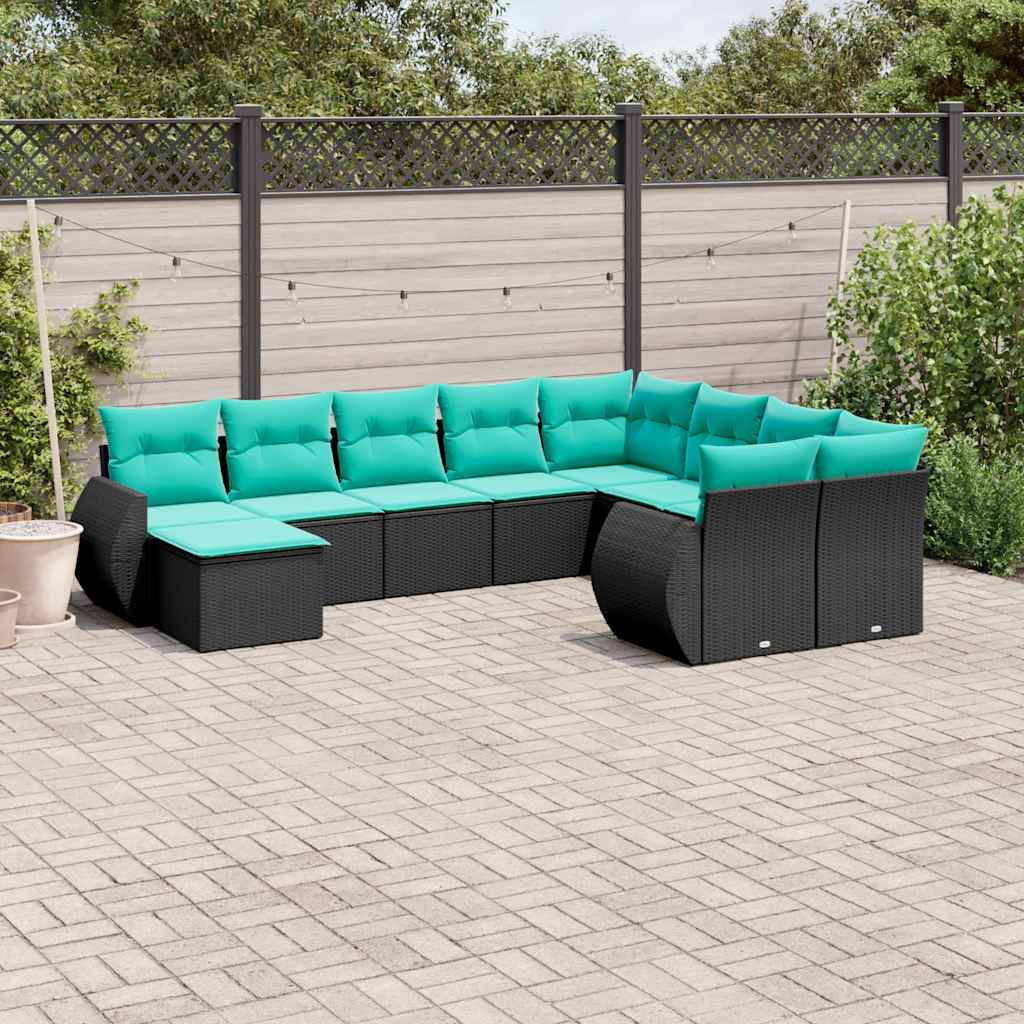 Set Divani da Giardino 10 pz con Cuscini Nero in Polyrattan