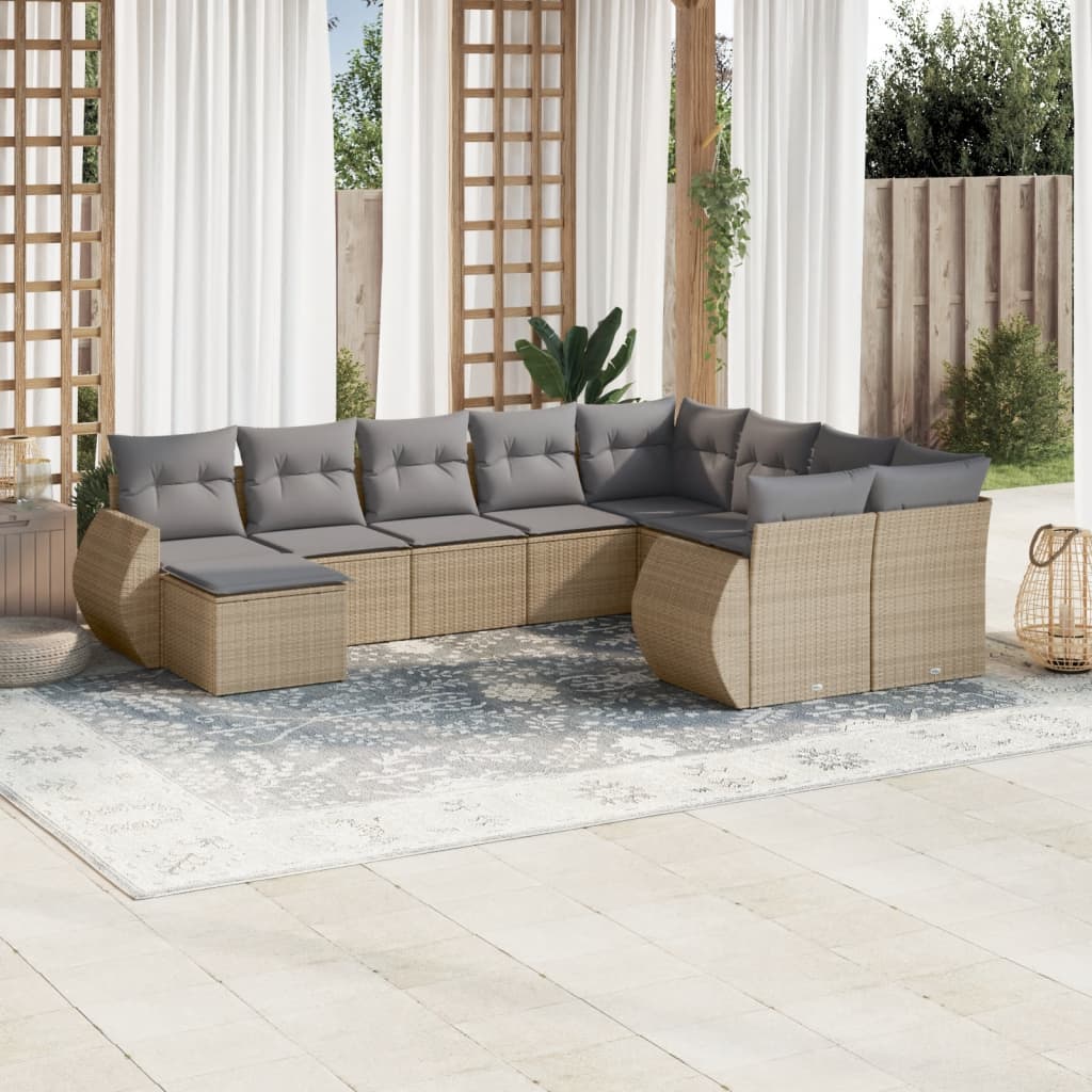 Set Divano da Giardino 10 pz con Cuscini Beige in Polyrattan - homemem39