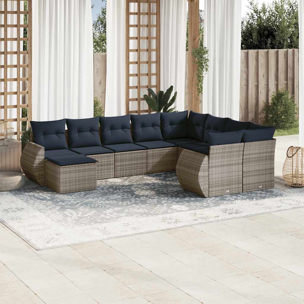 Set Divani da Giardino 10 pz con Cuscini Grigio in Polyrattan