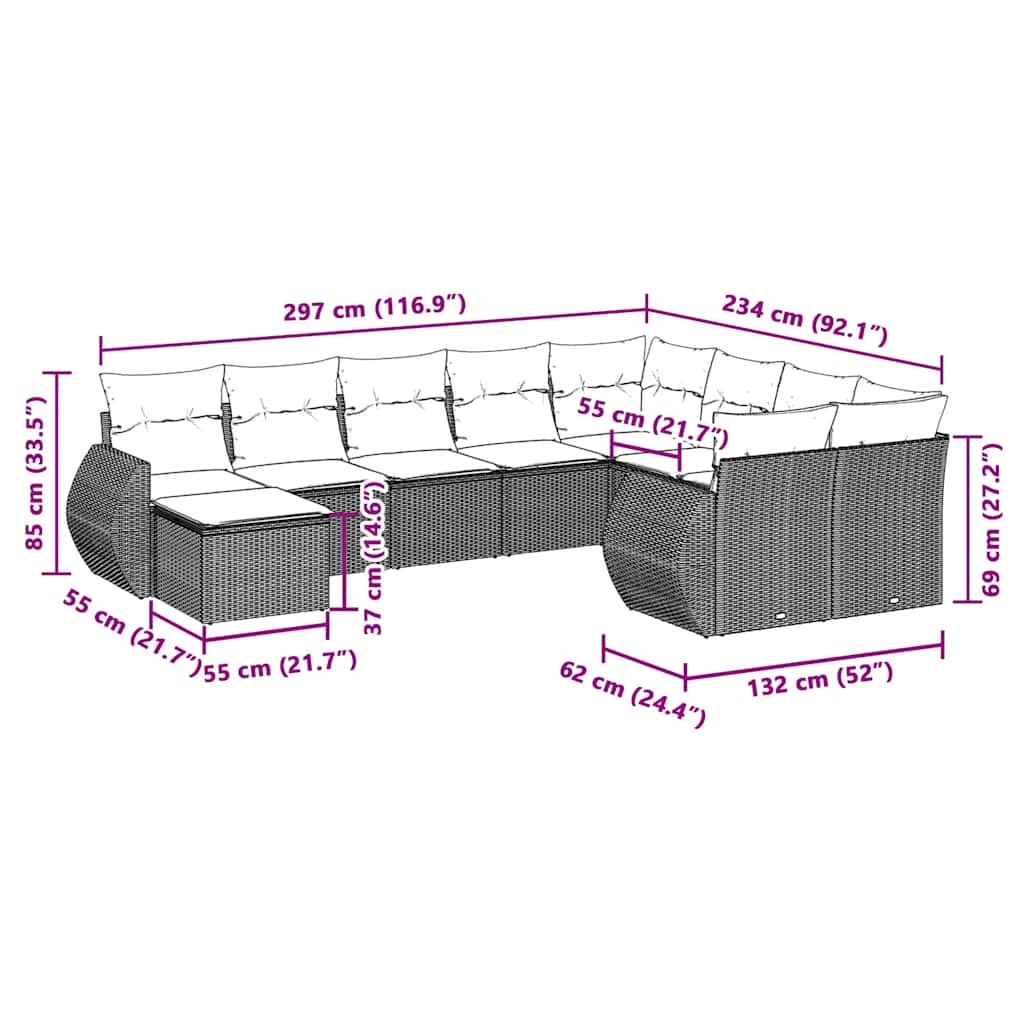 Set Divano Giardino 10 pz con Cuscini Grigio Chiaro Polyrattan