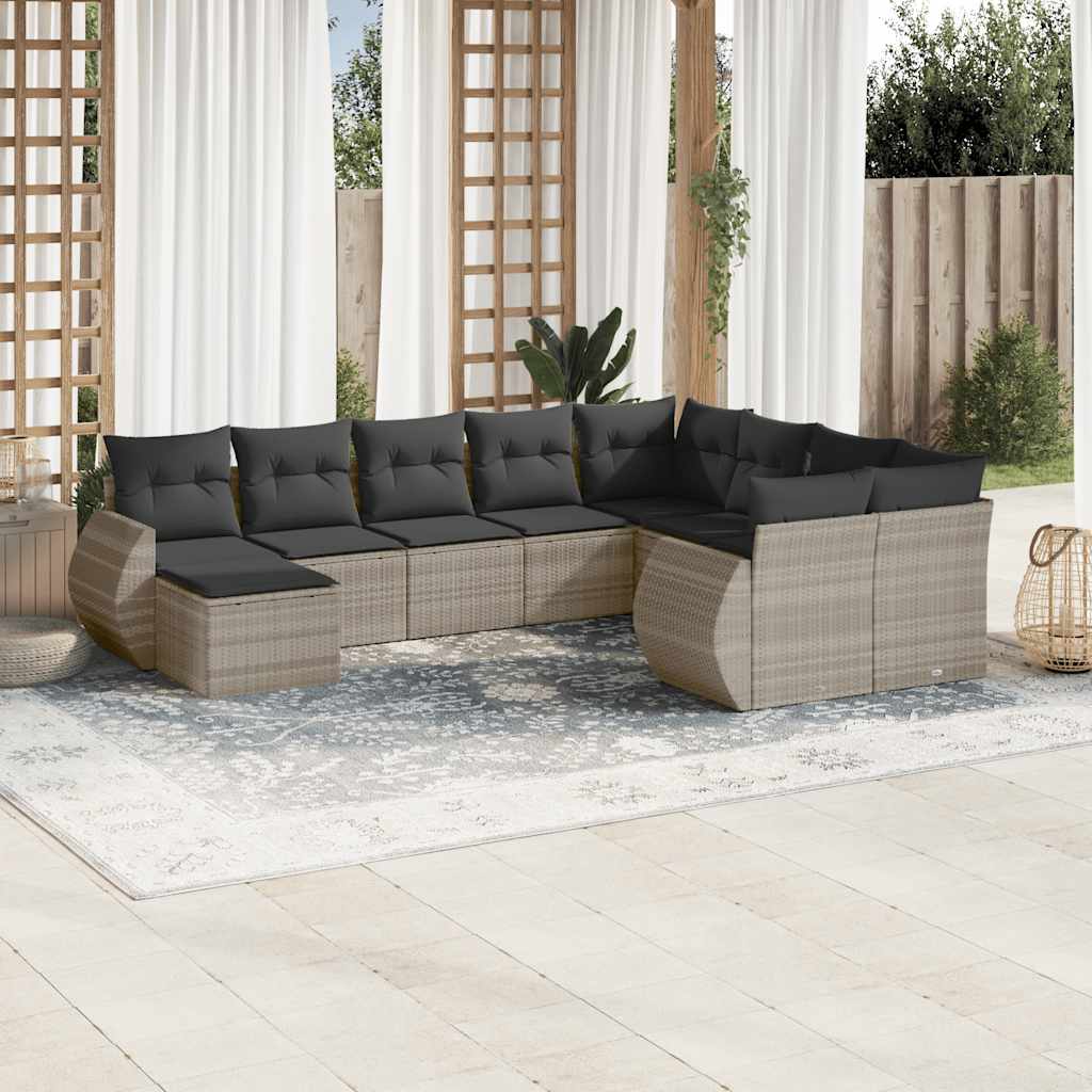 Set Divano Giardino 10 pz con Cuscini Grigio Chiaro Polyrattan