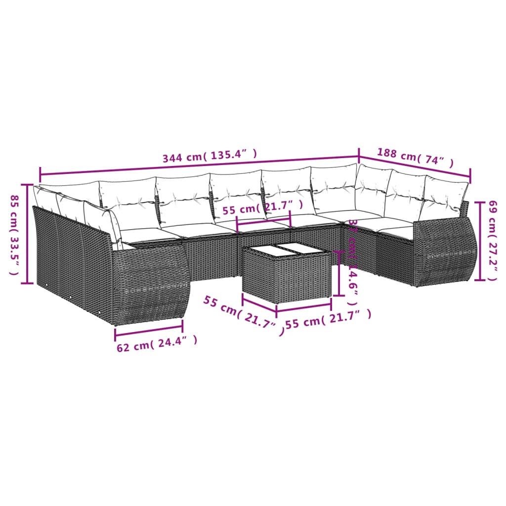 Set Divano da Giardino 10 pz con Cuscini Grigio in Polyrattan - homemem39