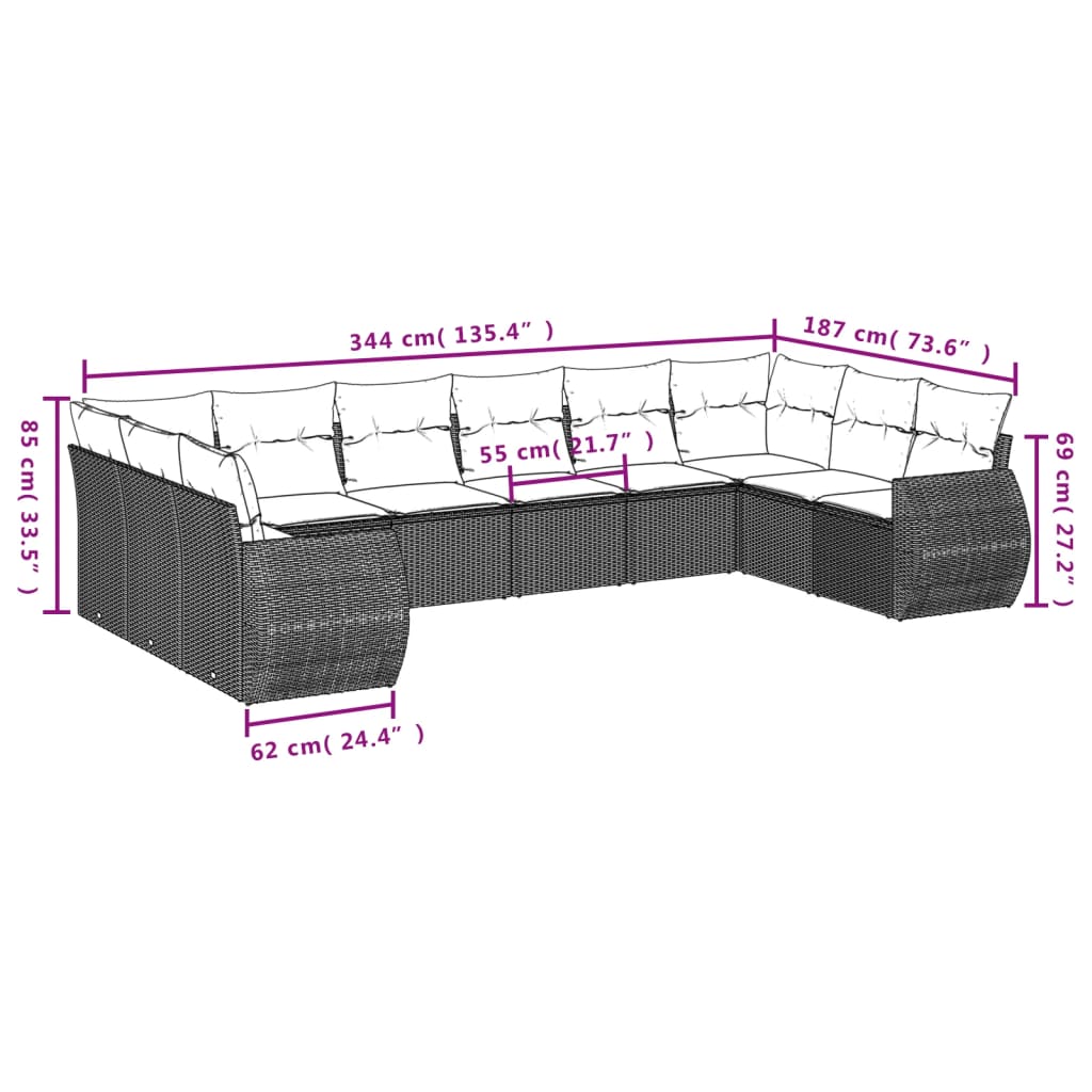 Set Divani da Giardino 11 pz con Cuscini in Polyrattan Nero - homemem39