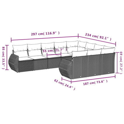 Set Divani da Giardino 10pz con Cuscini in Polyrattan Nero