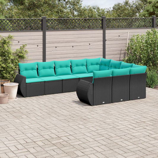 Set Divani da Giardino 10 pz con Cuscini Nero in Polyrattan | homemem39