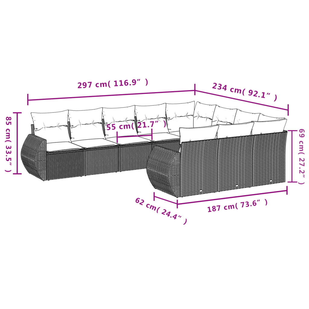 Set Divani da Giardino 10 pz con Cuscini Grigio in Polyrattan | homemem39