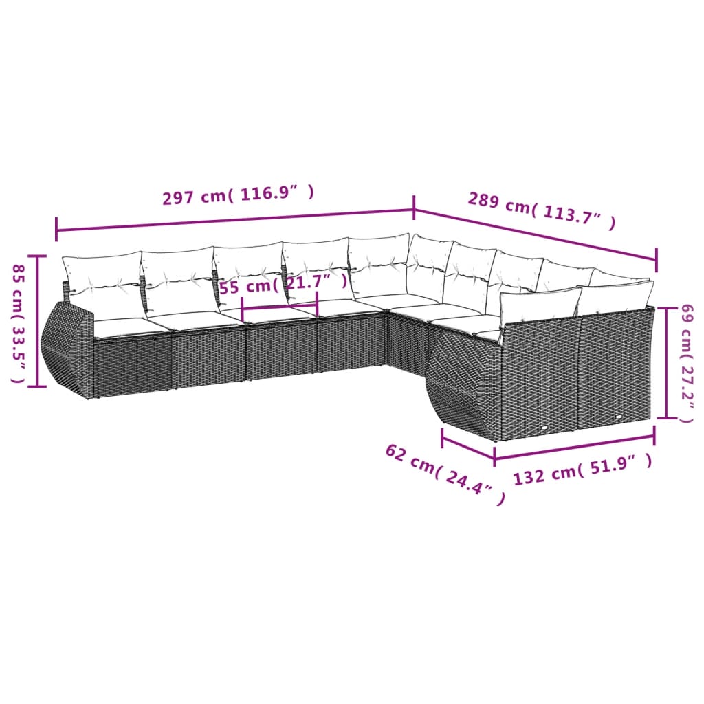 Set Divano da Giardino 10 pz con Cuscini Grigio in Polyrattan - homemem39