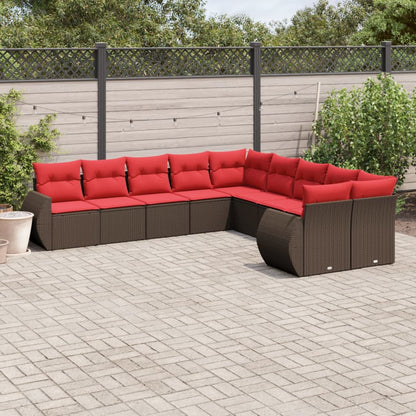 Set Divani da Giardino 10 pz con Cuscini Marrone in Polyrattan