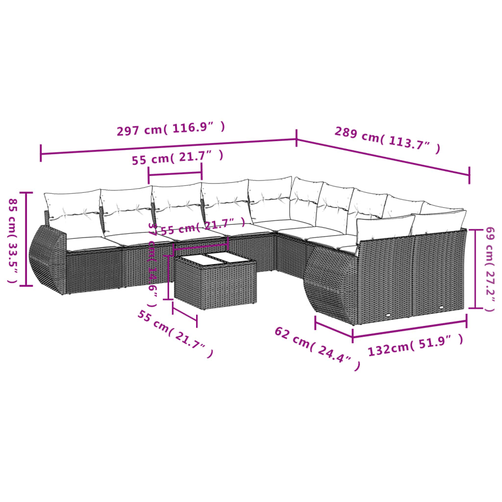 Set Divani da Giardino 11 pz con Cuscini in Polyrattan Grigio - homemem39