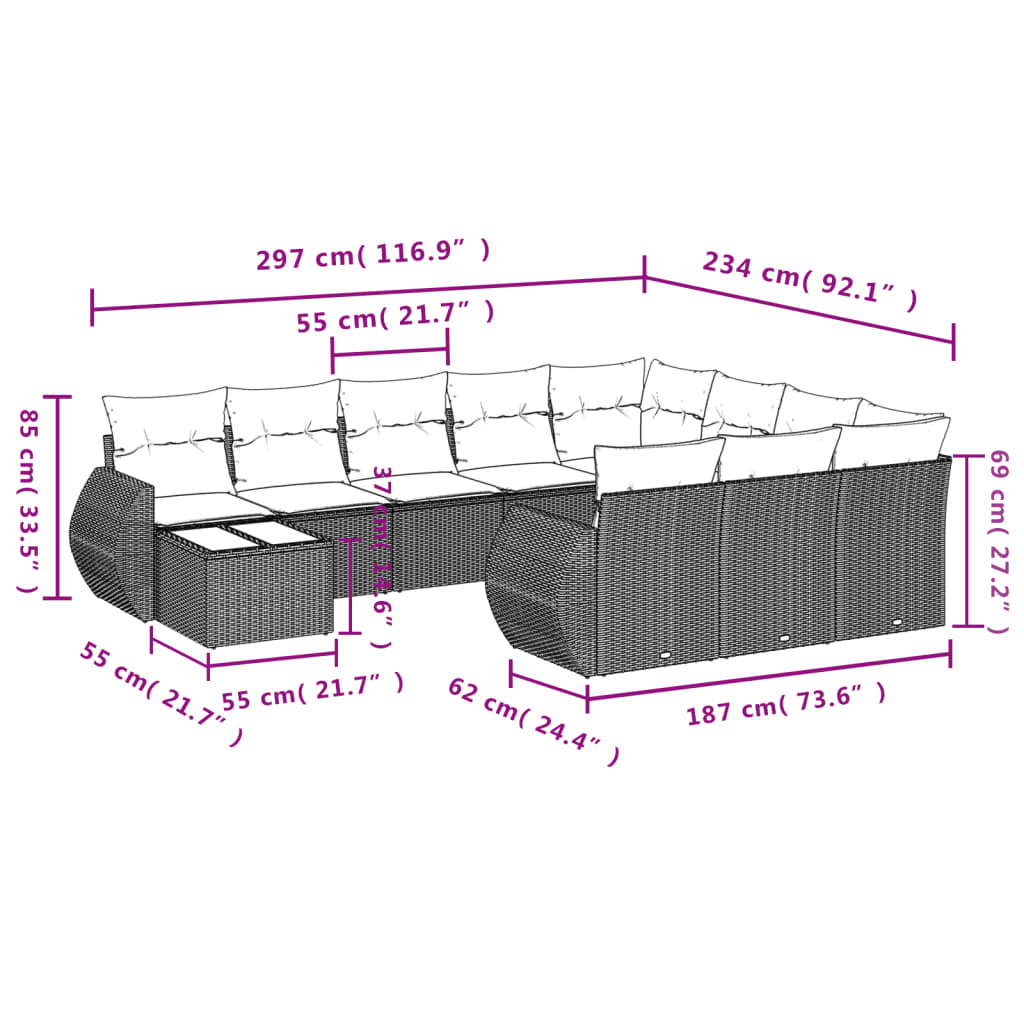 Set Divani da Giardino 11 pz con Cuscini in Polyrattan Grigio - homemem39