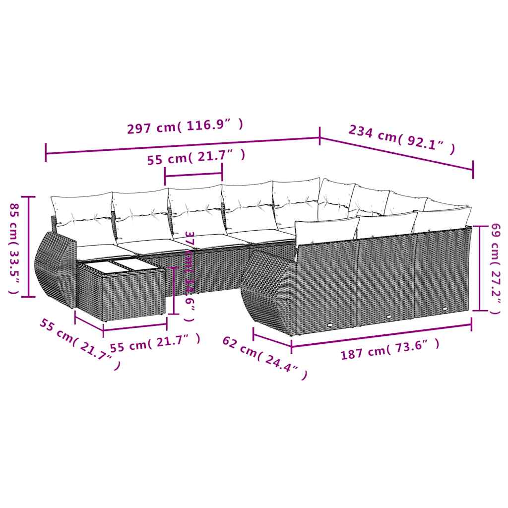 Set Divani da Giardino 11 pz con Cuscini Grigio in Polyrattan | homemem39