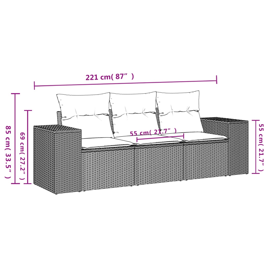 Set Divani da Giardino 3 pz con Cuscini in Polyrattan Nero - homemem39