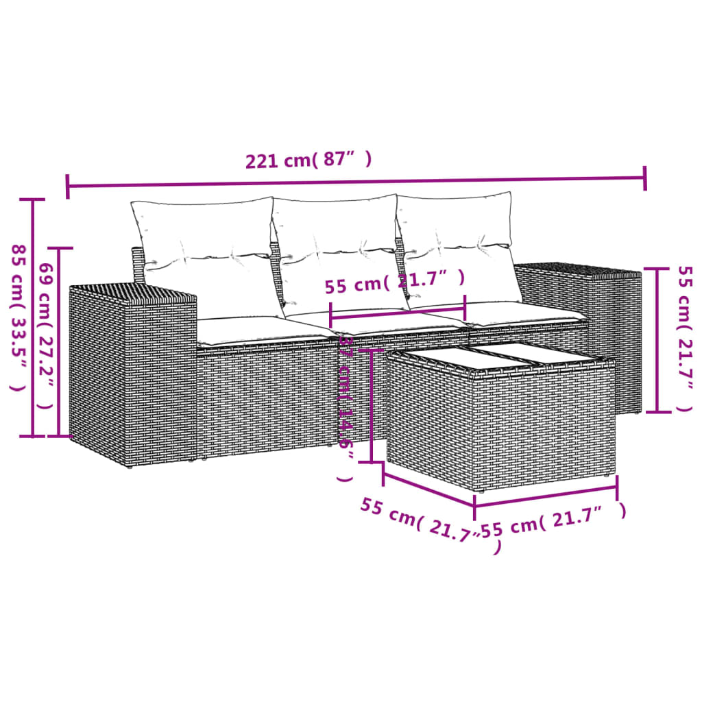 Set Divani da Giardino 4 pz con Cuscini in Polyrattan Grigio - homemem39