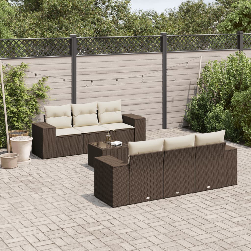 Set Divani da Giardino 7 pz con Cuscini Marrone in Polyrattan