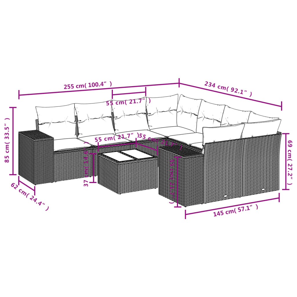 Set Divani da Giardino 9 pz con Cuscini Nero in Polyrattan - homemem39