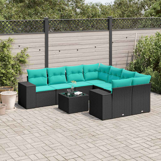 Set Divani da Giardino 9 pz con Cuscini Nero in Polyrattan | homemem39
