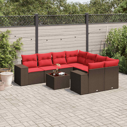 Set Divani da Giardino 9 pz con Cuscini Marrone in Polyrattan | homemem39