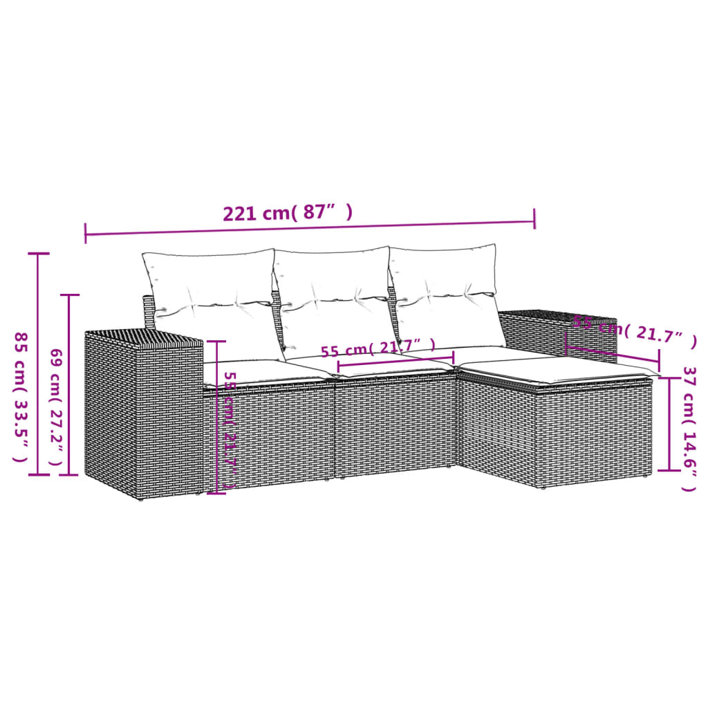 Set Divani da Giardino 4 pz con Cuscini Nero in Polyrattan - homemem39