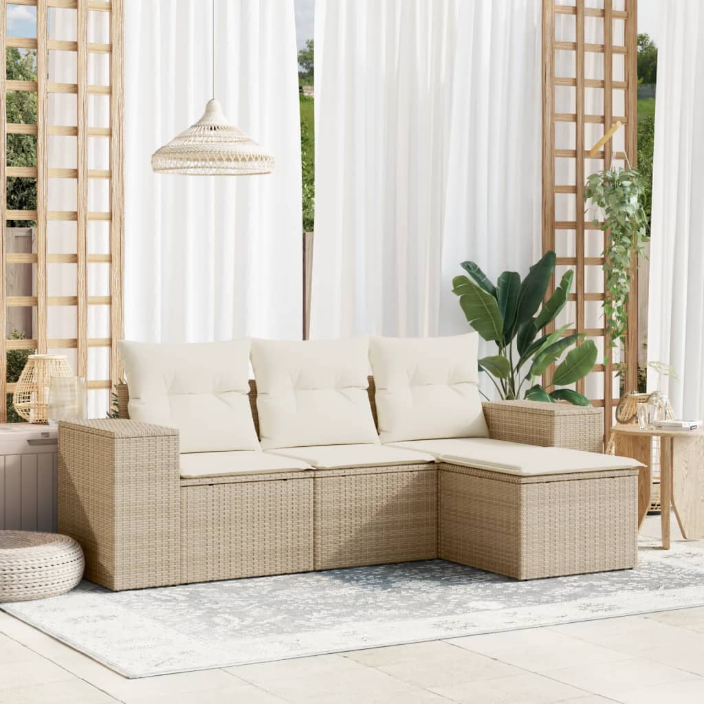 Set Divano da Giardino 4 pz con Cuscini Beige in Polyrattan - homemem39