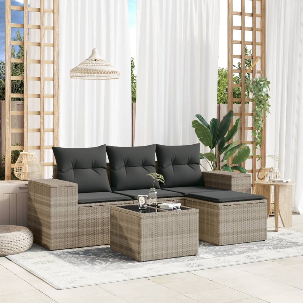 Set Divano da Giardino 5pz con Cuscini Grigio Chiaro Polyrattan - homemem39