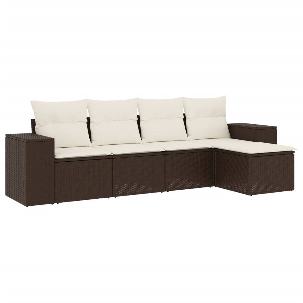 Set Divano da Giardino 5 pz con Cuscini Marrone in Polyrattan