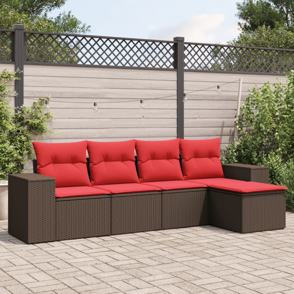 Set Divani da Giardino 5 pz con Cuscini Marrone in Polyrattan