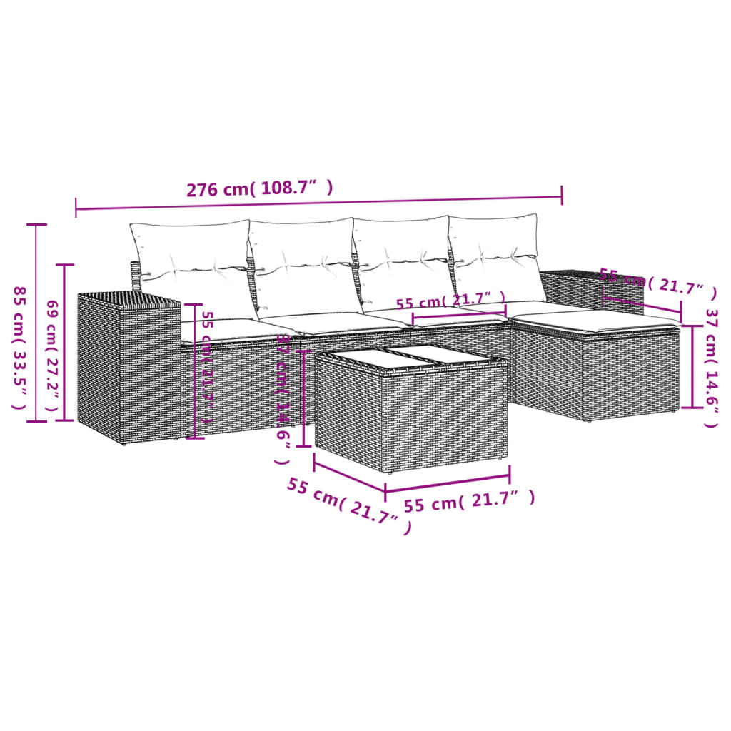 Set Divano da Giardino 6 pz con Cuscini Nero in Polyrattan - homemem39