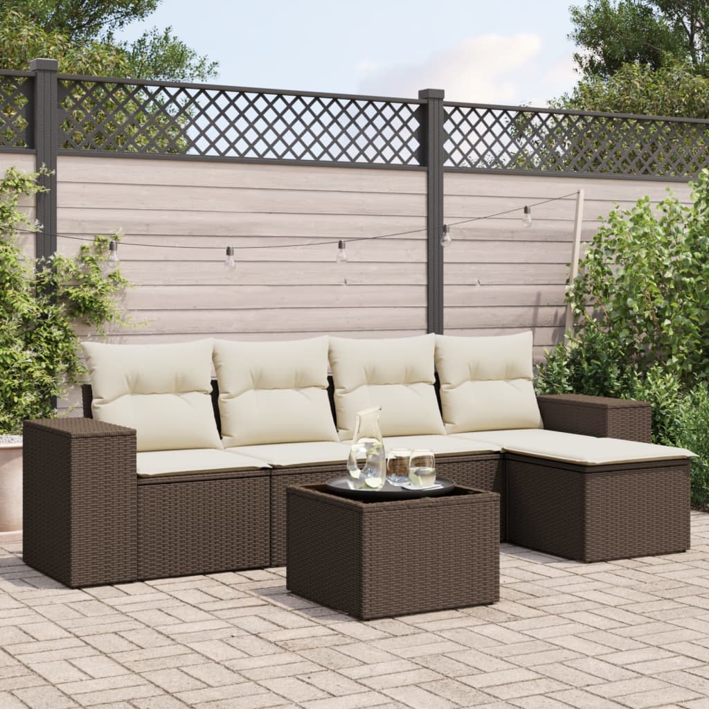 Set Divano da Giardino 6 pz con Cuscini Marrone in Polyrattan - homemem39