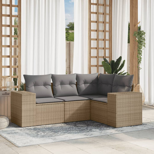 Set Divano da Giardino 4 pz con Cuscini Beige in Polyrattan