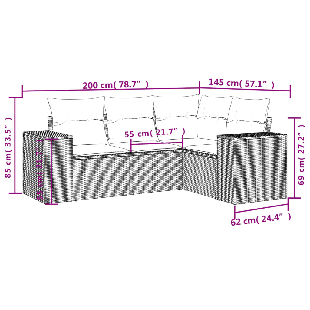 Set Divano da Giardino 4 pz con Cuscini Marrone in Polyrattan - homemem39