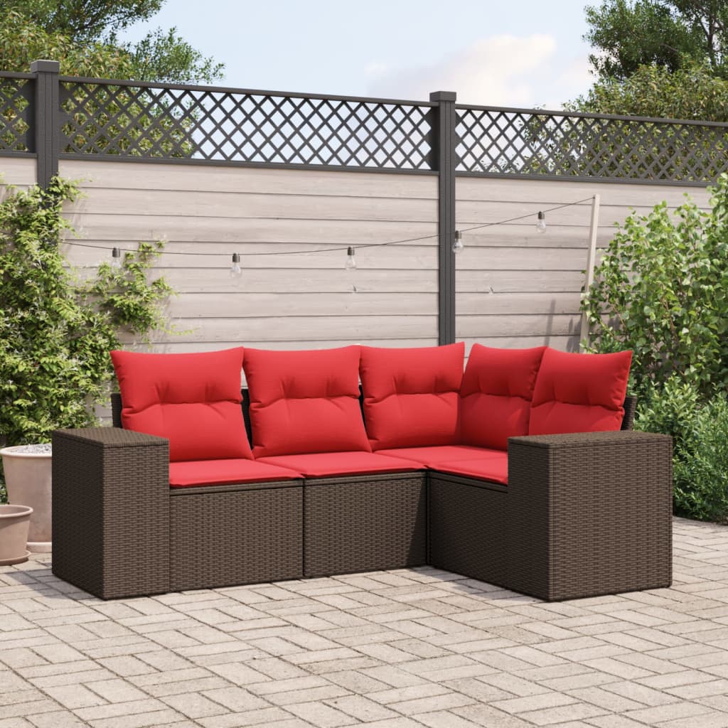 Set Divani da Giardino 4 pz con Cuscini Marrone in Polyrattan